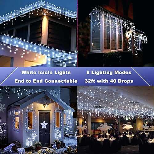 Lomotech Christmas Icicle Lights - 32Ft 8 Modes Waterproof Christmas Lights Connectable with Timer for Holiday, Wedding Party, Eaves, Christmas Decorations (White) - Image 5