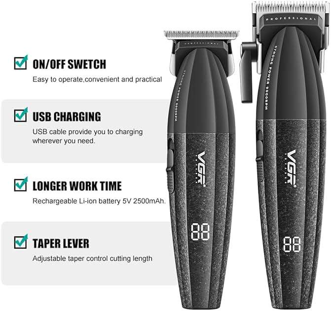 VGR 640 Professional Hair Clippers for Men, 9000RPM Cordless Barber Clippers and Trimmers Set, Zero Gap T-Blade Hair Cutting Kit, DLC Coated Ceramic Blade Barber Kit with LED Display(Black) - Image 2