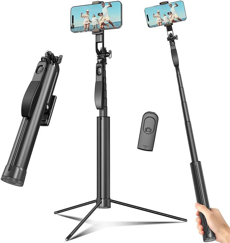 Selfie Stick Travel Tripod for Cell Phone with Remote Control and Phone Holder, Extendable Selfie Stick for iPhone, iPhone Tripod for Video Recording, 72 Inch, Black - Image 1
