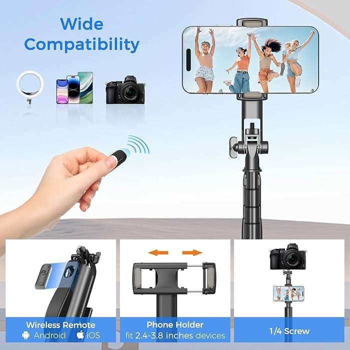 Selfie Stick Travel Tripod for Cell Phone with Remote Control and Phone Holder, Extendable Selfie Stick for iPhone, iPhone Tripod for Video Recording, 72 Inch, Black - Image 6