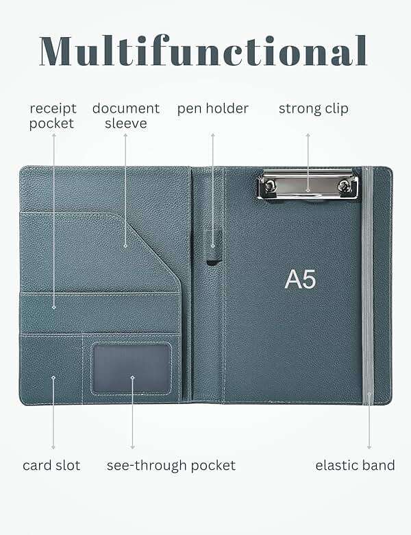 Mymazn Junior Padfolio Portfolio Folder, Small A5 Clipboard with Cover for 5'' x 8'' Writing Pad Notepad Holder for Business Office Men Women (Grey Green) - Image 4