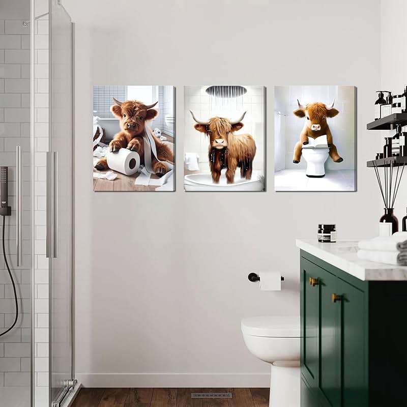 Funny Highland Cow Wall Art Set of 3, Rustic Farmhouse Bathroom Cow Pictures Wall Decor Painting, Brown Cute Cow Animal Canvas Posters Prints for Bathroom Restroom Home Decor Framed 12x16 Inch - Image 2