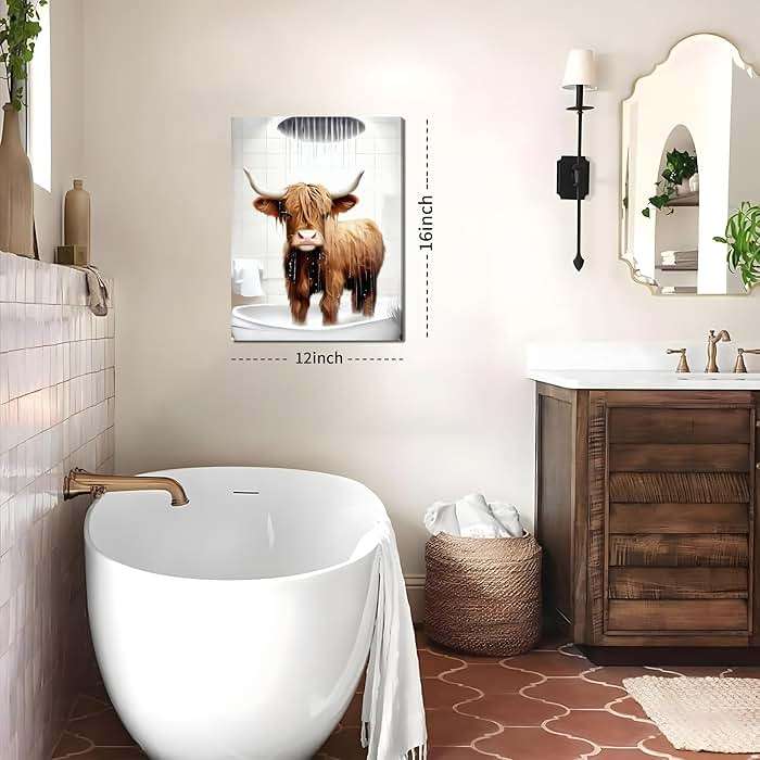 Funny Highland Cow Wall Art Set of 3, Rustic Farmhouse Bathroom Cow Pictures Wall Decor Painting, Brown Cute Cow Animal Canvas Posters Prints for Bathroom Restroom Home Decor Framed 12x16 Inch - Image 4