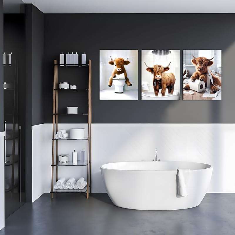 Funny Highland Cow Wall Art Set of 3, Rustic Farmhouse Bathroom Cow Pictures Wall Decor Painting, Brown Cute Cow Animal Canvas Posters Prints for Bathroom Restroom Home Decor Framed 12x16 Inch - Image 9