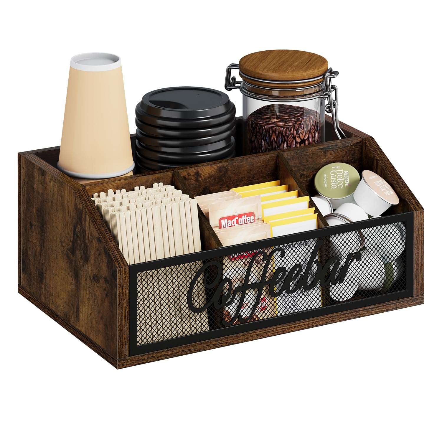 YINMIT Coffee Station Organizer for Countertop, Wood Coffee Bar Organizer with Removable Dividers for Pods, Syrup, Cups, Stirrer, Tea - Office Coffee Bar Accessories, Iron Mesh-Vintage Brown - Image 1