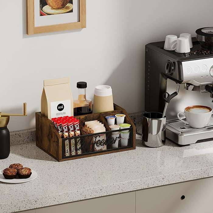 YINMIT Coffee Station Organizer for Countertop, Wood Coffee Bar Organizer with Removable Dividers for Pods, Syrup, Cups, Stirrer, Tea - Office Coffee Bar Accessories, Iron Mesh-Vintage Brown - Image 2