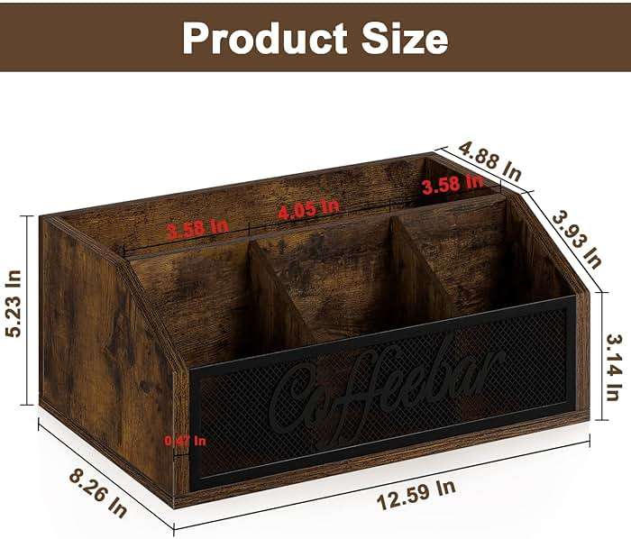 YINMIT Coffee Station Organizer for Countertop, Wood Coffee Bar Organizer with Removable Dividers for Pods, Syrup, Cups, Stirrer, Tea - Office Coffee Bar Accessories, Iron Mesh-Vintage Brown - Image 3