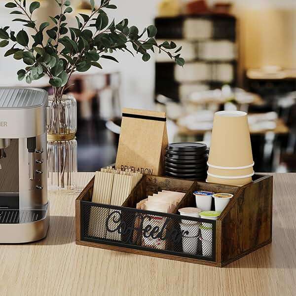 YINMIT Coffee Station Organizer for Countertop, Wood Coffee Bar Organizer with Removable Dividers for Pods, Syrup, Cups, Stirrer, Tea - Office Coffee Bar Accessories, Iron Mesh-Vintage Brown - Image 4