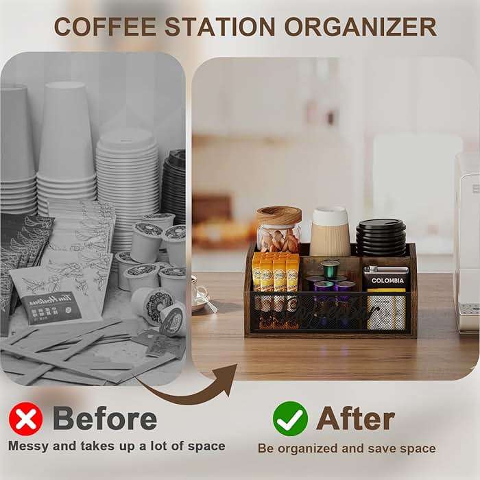YINMIT Coffee Station Organizer for Countertop, Wood Coffee Bar Organizer with Removable Dividers for Pods, Syrup, Cups, Stirrer, Tea - Office Coffee Bar Accessories, Iron Mesh-Vintage Brown - Image 5
