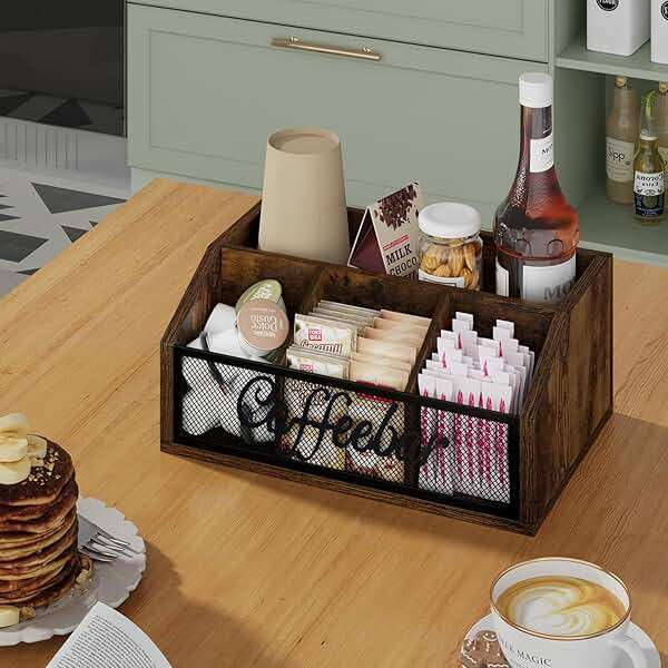 YINMIT Coffee Station Organizer for Countertop, Wood Coffee Bar Organizer with Removable Dividers for Pods, Syrup, Cups, Stirrer, Tea - Office Coffee Bar Accessories, Iron Mesh-Vintage Brown - Image 6