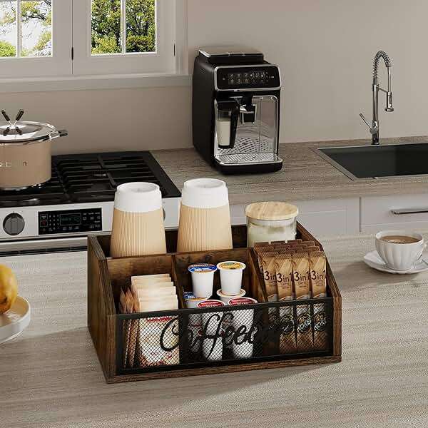 YINMIT Coffee Station Organizer for Countertop, Wood Coffee Bar Organizer with Removable Dividers for Pods, Syrup, Cups, Stirrer, Tea - Office Coffee Bar Accessories, Iron Mesh-Vintage Brown - Image 7