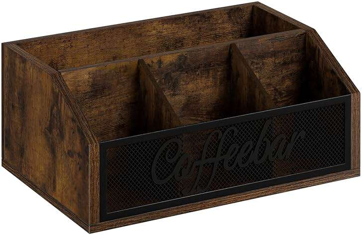 YINMIT Coffee Station Organizer for Countertop, Wood Coffee Bar Organizer with Removable Dividers for Pods, Syrup, Cups, Stirrer, Tea - Office Coffee Bar Accessories, Iron Mesh-Vintage Brown - Image 8