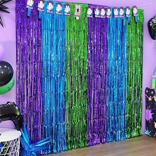 Mega-L Video Game Birthday Decorations, 2Pack Purple Blue Green for Night Backdrop Streamers 3.3x6.6ft Foil Fringe Curtains for Boys Game Fans Holiday Party Supplies Pixel Photobooth Props Wall Decors - Image 1