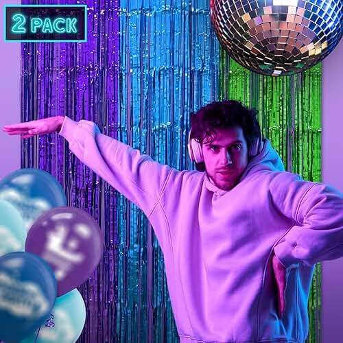 Mega-L Video Game Birthday Decorations, 2Pack Purple Blue Green for Night Backdrop Streamers 3.3x6.6ft Foil Fringe Curtains for Boys Game Fans Holiday Party Supplies Pixel Photobooth Props Wall Decors - Image 4