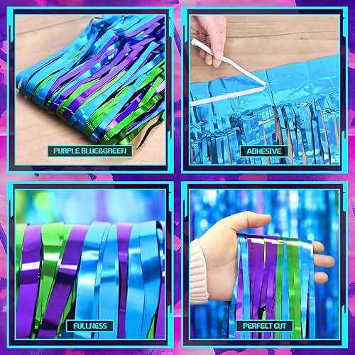 Mega-L Video Game Birthday Decorations, 2Pack Purple Blue Green for Night Backdrop Streamers 3.3x6.6ft Foil Fringe Curtains for Boys Game Fans Holiday Party Supplies Pixel Photobooth Props Wall Decors - Image 8