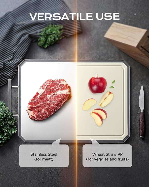 SNOWCLAD Stainless Steel Cutting Board,Double Sided Steel Bread Boards for kitchen,Stainless Steel/Wheat straw pp Large Board for meat,non toxic Chopping,Dishwasher Safe,16 * 11 Inch - Image 3