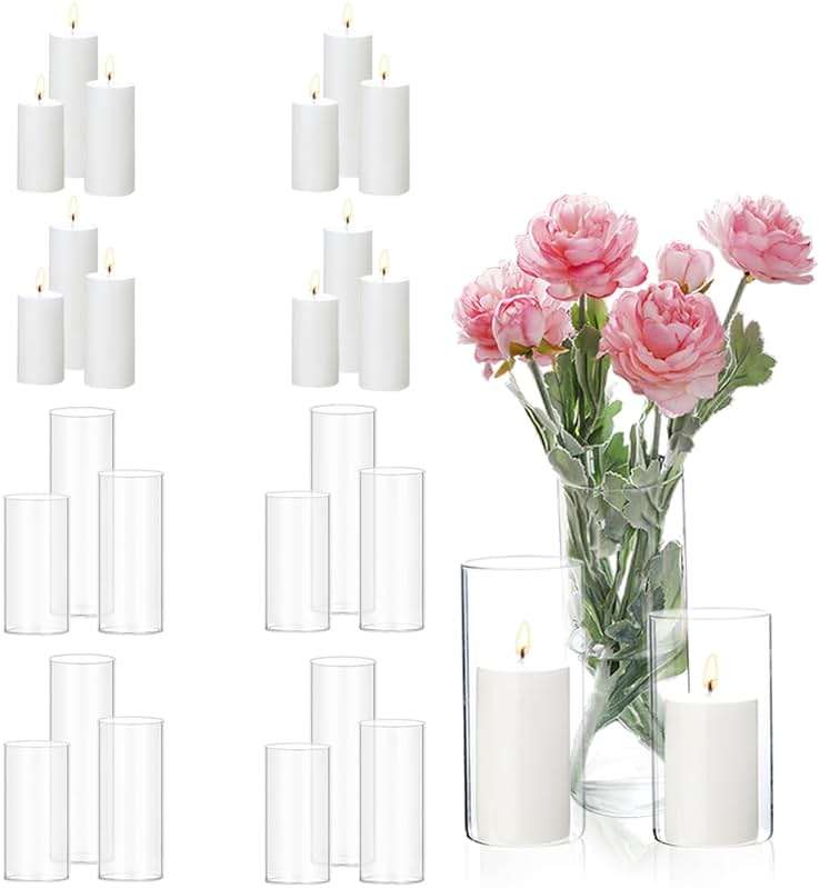 PNJHDZ 24 Pcs White Pillar Candles and Glass Candle Holders Cylinder Candle Vases for Pillar Candles Hurricane Candle Holders Set for Wedding Party, Event, Home Office Decor - Image 1