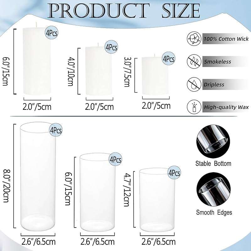 PNJHDZ 24 Pcs White Pillar Candles and Glass Candle Holders Cylinder Candle Vases for Pillar Candles Hurricane Candle Holders Set for Wedding Party, Event, Home Office Decor - Image 2
