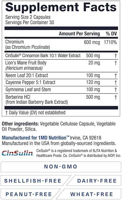 1MD Nutrition - Cinnamon bark 10:1 Water Extract, Chromium, Neem Leaf, Berberine, Cayenne Pepper 5:1 Extract, Lion's Mane, Gymnema Leaf and Stem - 60 Capsules - Image 6