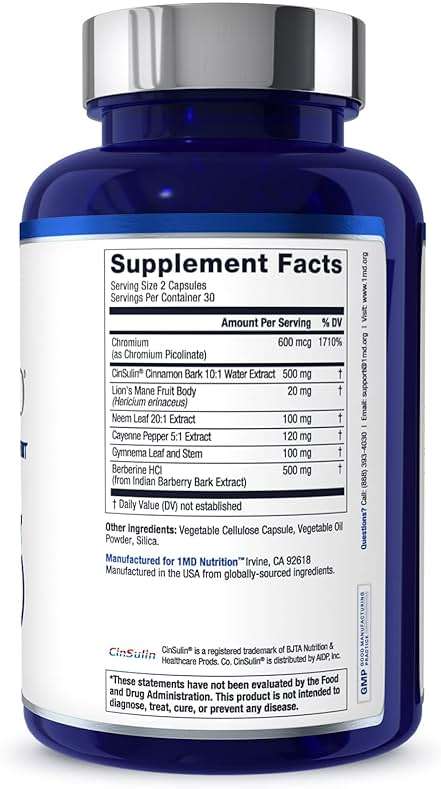 1MD Nutrition - Cinnamon bark 10:1 Water Extract, Chromium, Neem Leaf, Berberine, Cayenne Pepper 5:1 Extract, Lion's Mane, Gymnema Leaf and Stem - 60 Capsules - Image 8