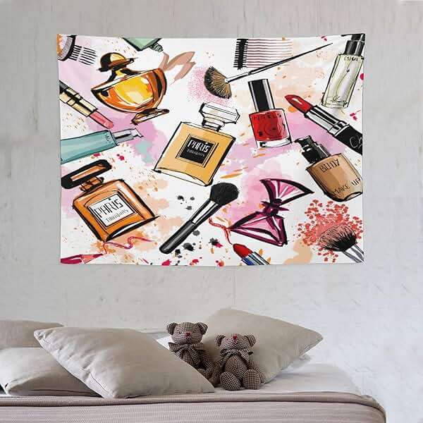 ZhiRain Fashion Tapestry Wall Hanging Cosmetic And Makeup Theme Perfume Lipstick Nail Polish Brush Modern Tapestries Home Decor for Living Room Bedroom Apartment Dorm 30"x40" - Image 1