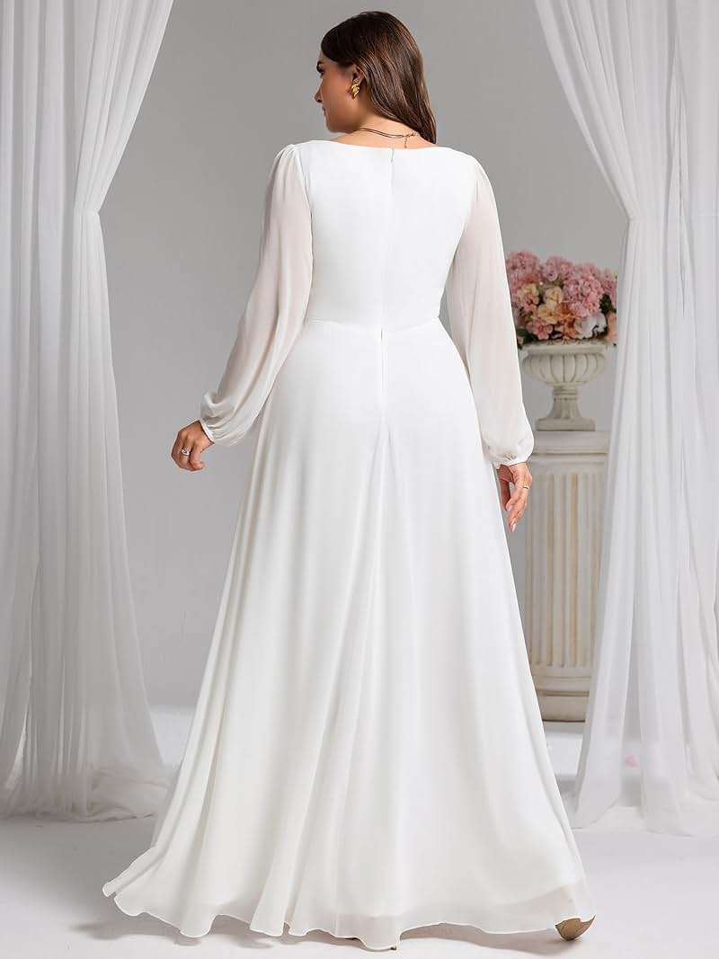 Ever-Pretty V Neck Long Sleeves Applique Chiffon Plus Size Long Ball Gown Formal Evening Dress for Women - Image 2
