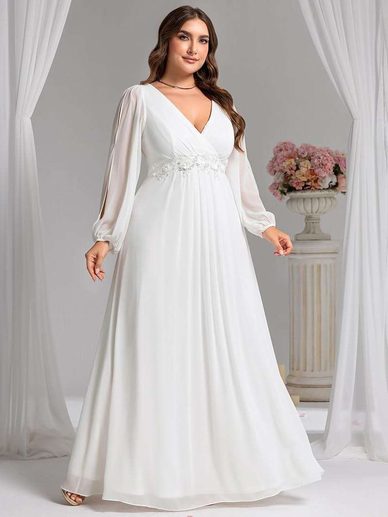 Ever-Pretty V Neck Long Sleeves Applique Chiffon Plus Size Long Ball Gown Formal Evening Dress for Women - Image 3