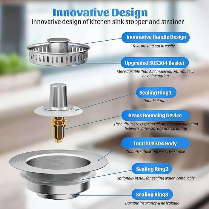 NinjaTiger Kitchen Sink Drain Strainer - 2-Pack Stainless Steel Sink Stopper 3-in-1 Pop-Up Sink Strainer with Anti-Clogging Basket Odor Filter Sink Drain Cover Plug for US Standard 3-1/2 Inch Drain - Image 7