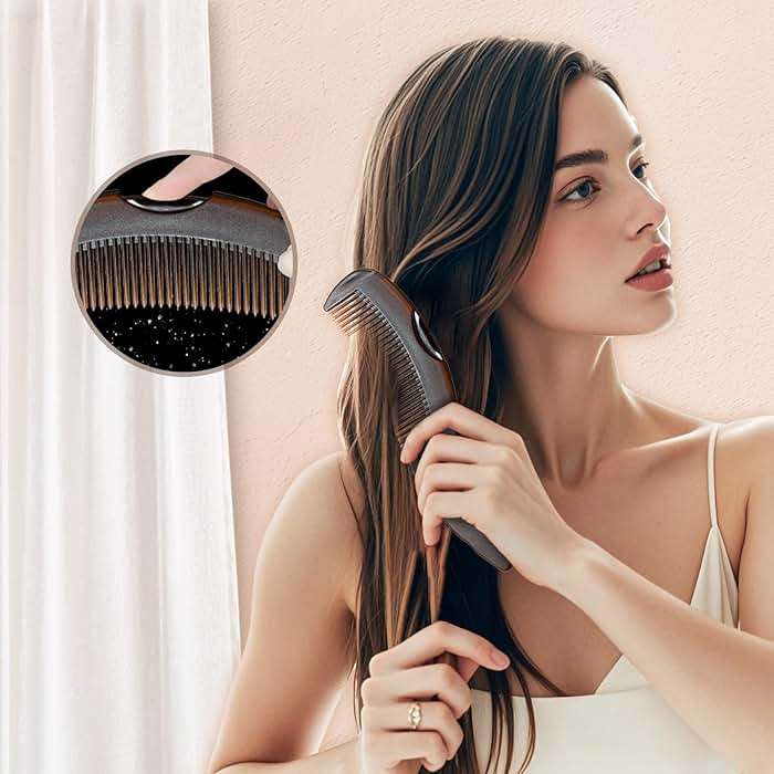 1PCS Dandruff Comb, Stainless Steel Fine Tooth Lice/Flea Comb, Psoriasis Comb, Scalp Oil Buildup Removal Wide Hollow Tooth Button Hairbrush for Scalp Massage Care for Man Women and Kids (Brown) - Image 2