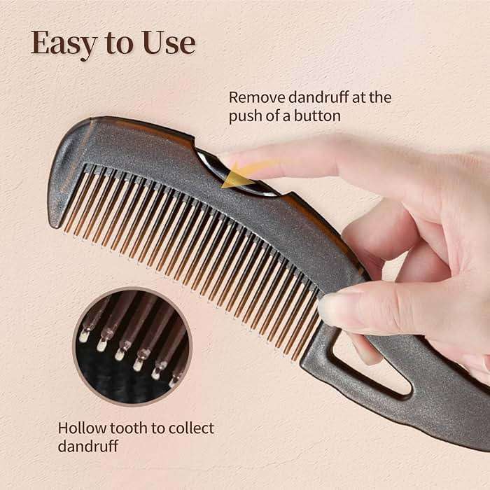 1PCS Dandruff Comb, Stainless Steel Fine Tooth Lice/Flea Comb, Psoriasis Comb, Scalp Oil Buildup Removal Wide Hollow Tooth Button Hairbrush for Scalp Massage Care for Man Women and Kids (Brown) - Image 4