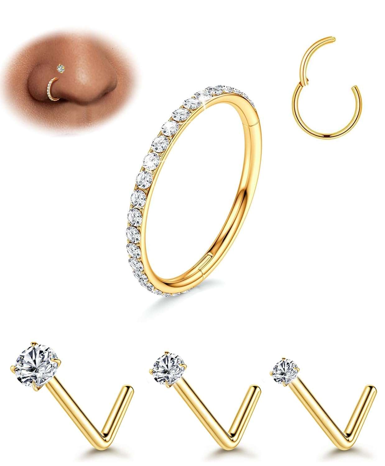 18G Nose Rings Hoop and 20g Nose Studs Sets for Women Men, Hypoallergenic 316L Surgical Steel Hinged Clicker Segment CZ Nose Hoops Double Hoop Nose Ring Septum Lip Helix Cartilage Daith Tragus Sleeper Earrings Gold Silver L Shape/Corkscrew Nose Studs Nostril Small Piercing Jewelry - Image 1