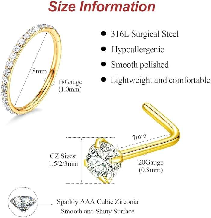 18G Nose Rings Hoop and 20g Nose Studs Sets for Women Men, Hypoallergenic 316L Surgical Steel Hinged Clicker Segment CZ Nose Hoops Double Hoop Nose Ring Septum Lip Helix Cartilage Daith Tragus Sleeper Earrings Gold Silver L Shape/Corkscrew Nose Studs Nostril Small Piercing Jewelry - Image 2