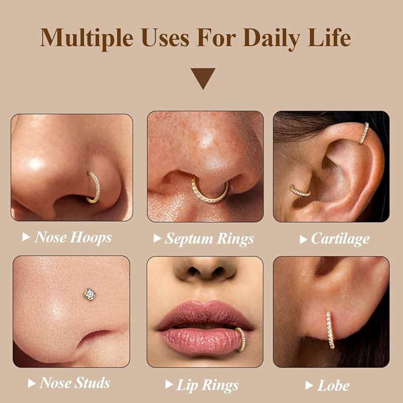 18G Nose Rings Hoop and 20g Nose Studs Sets for Women Men, Hypoallergenic 316L Surgical Steel Hinged Clicker Segment CZ Nose Hoops Double Hoop Nose Ring Septum Lip Helix Cartilage Daith Tragus Sleeper Earrings Gold Silver L Shape/Corkscrew Nose Studs Nostril Small Piercing Jewelry - Image 3