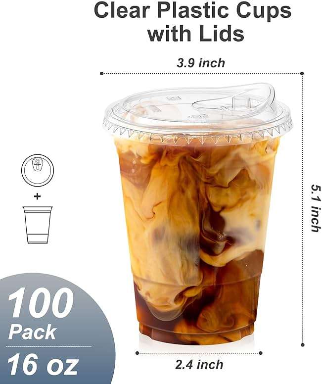 Dealusy 100 Pack - 16 oz Clear Plastic Cups with Lids, Sturdy & Food Safe Iced Coffee Cups with lids, Disposable Plastic Smoothie Cups for Cold Drinks, Sip Lids - Image 3