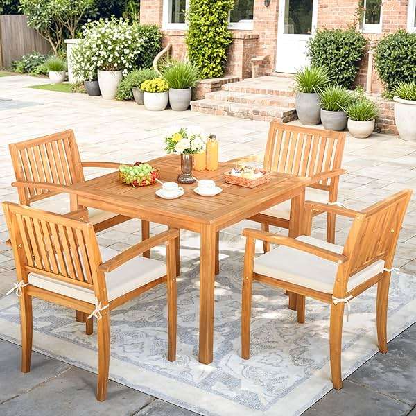 Greesum 5 Piece Patio Dining Set Outdoor Solid Wood Furniture for Yard, Garden, Porch w/Square Tabletop & 4 Chairs, White - Image 2