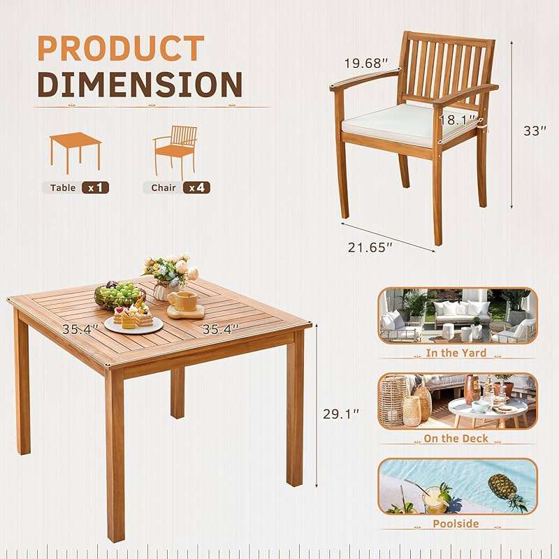 Greesum 5 Piece Patio Dining Set Outdoor Solid Wood Furniture for Yard, Garden, Porch w/Square Tabletop & 4 Chairs, White - Image 3
