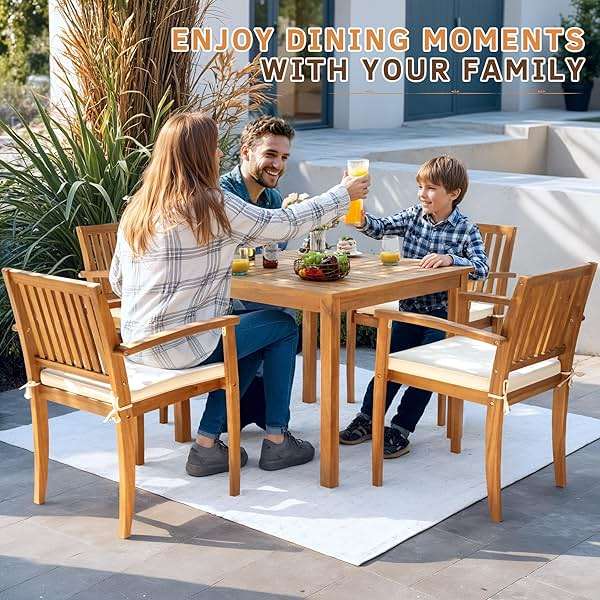 Greesum 5 Piece Patio Dining Set Outdoor Solid Wood Furniture for Yard, Garden, Porch w/Square Tabletop & 4 Chairs, White - Image 5