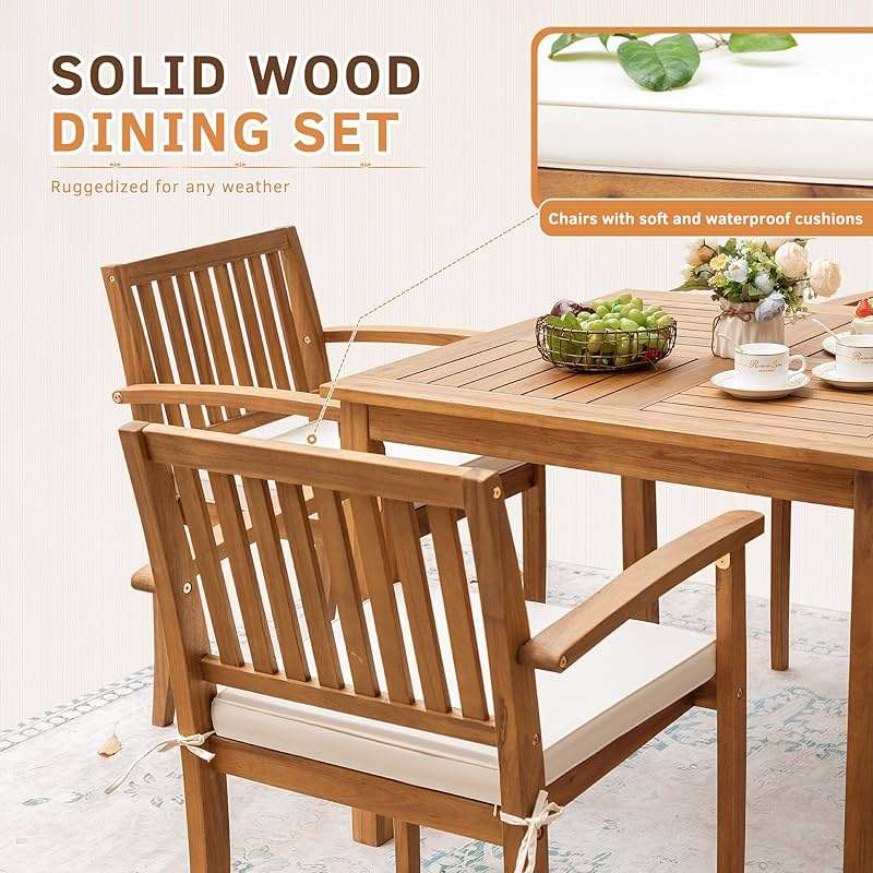 Greesum 5 Piece Patio Dining Set Outdoor Solid Wood Furniture for Yard, Garden, Porch w/Square Tabletop & 4 Chairs, White - Image 6