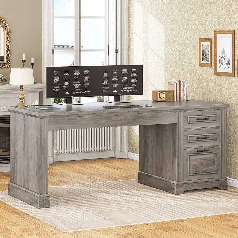 SEDETA Executive Office Desk with 3 Drawers, Farmhouse 55" Computer Desk with Storage File Drawers & Power Outlet for Home Office, Grey - Image 1