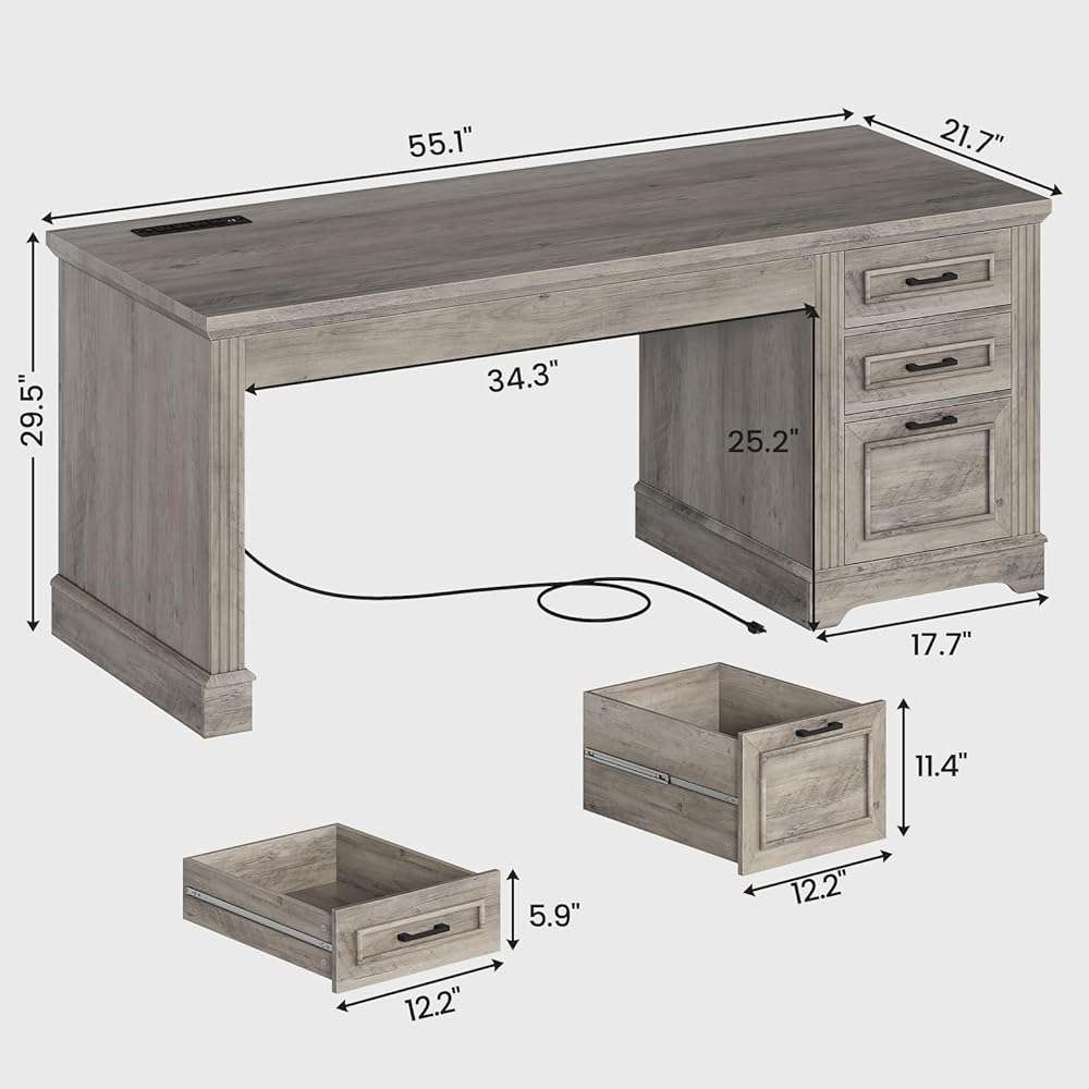 SEDETA Executive Office Desk with 3 Drawers, Farmhouse 55" Computer Desk with Storage File Drawers & Power Outlet for Home Office, Grey - Image 2