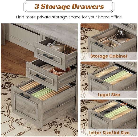 SEDETA Executive Office Desk with 3 Drawers, Farmhouse 55" Computer Desk with Storage File Drawers & Power Outlet for Home Office, Grey - Image 4