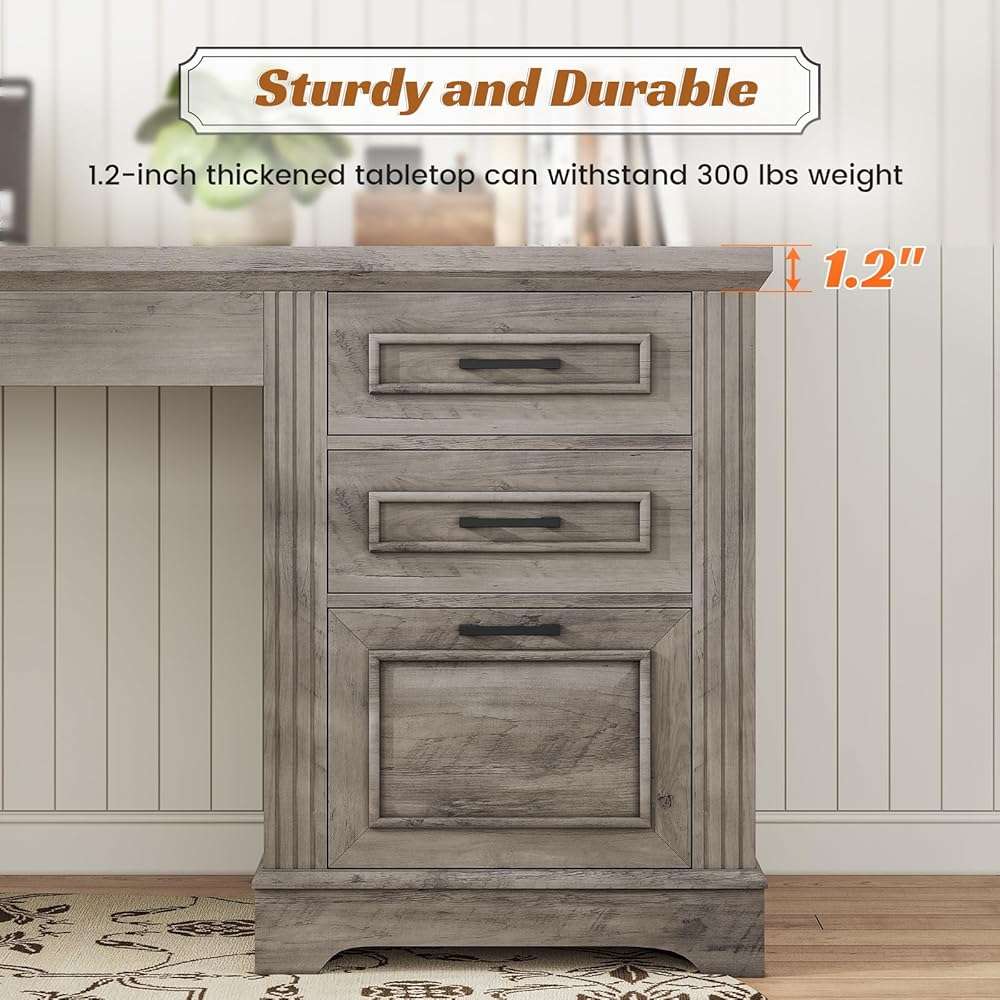 SEDETA Executive Office Desk with 3 Drawers, Farmhouse 55" Computer Desk with Storage File Drawers & Power Outlet for Home Office, Grey - Image 7
