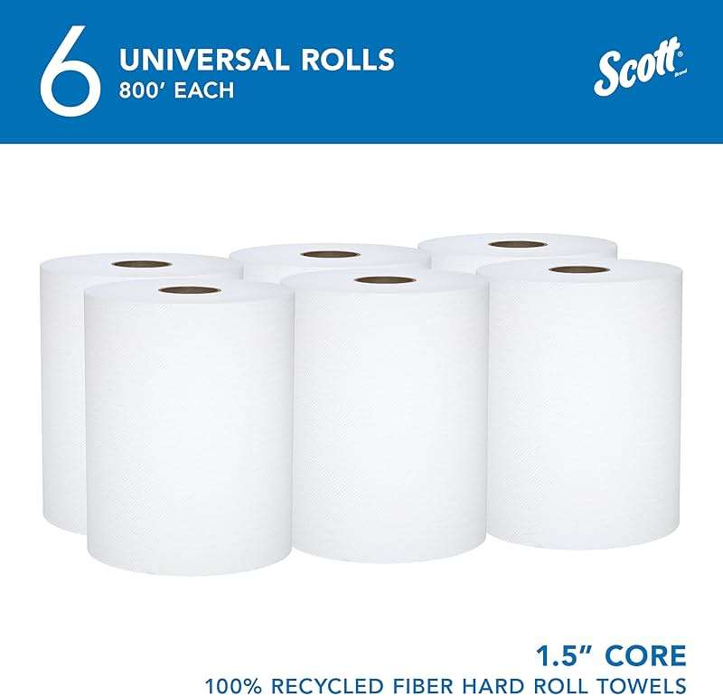Scott Professional Universal 100% Recycled Fiber Hard Roll Paper Towels, Bulk (56158), Hardwound 1.5" Core, Absorbency Pockets, Compressed, White (6 Rolls at 800' Each, 4,800'/Case) - Image 2