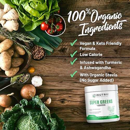 Nutrii Organic Green Immunity Superfood Powder - Soothes Digestion, Boosts Healthy Vitality and Energy. Fast Acting Formula with Probiotics, Enzymes, Turmeric and Ashwagandha (30 Servings Lemon-Mint) - Image 3