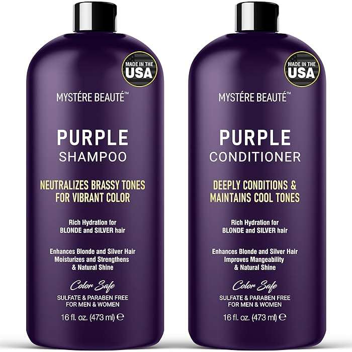 MYSTÉRE BEAUTÉ Purple Shampoo and Conditioner Set, For Blonde, Silver, and Gray Hair - Purple Shampoo Conditioner for Men Women, Sulfate Free Anti Yellowing Vibrant Color Protection - 16 fl oz each - Image 1
