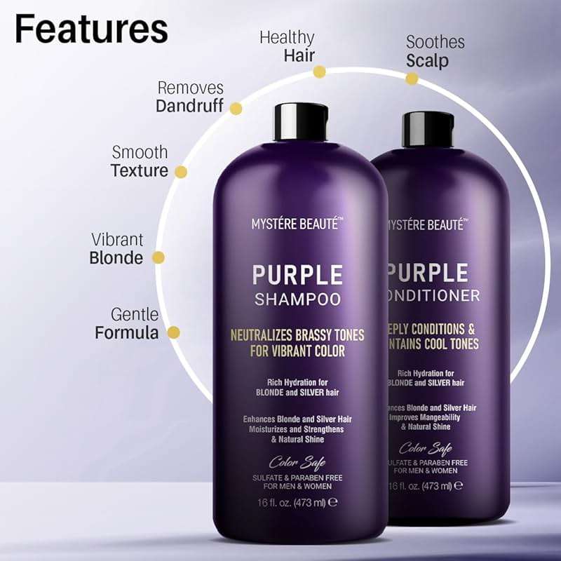 MYSTÉRE BEAUTÉ Purple Shampoo and Conditioner Set, For Blonde, Silver, and Gray Hair - Purple Shampoo Conditioner for Men Women, Sulfate Free Anti Yellowing Vibrant Color Protection - 16 fl oz each - Image 5