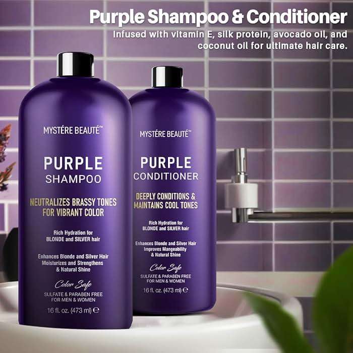 MYSTÉRE BEAUTÉ Purple Shampoo and Conditioner Set, For Blonde, Silver, and Gray Hair - Purple Shampoo Conditioner for Men Women, Sulfate Free Anti Yellowing Vibrant Color Protection - 16 fl oz each - Image 6