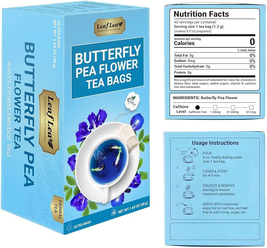LeafLea 40 Butterfly Pea Flower Tea Bags, Herbal Flower Tea for Relaxation, Mocktails, and Natural Food Coloring, Caffeine-Free, Sugar-Free, Non-GMO - Image 2