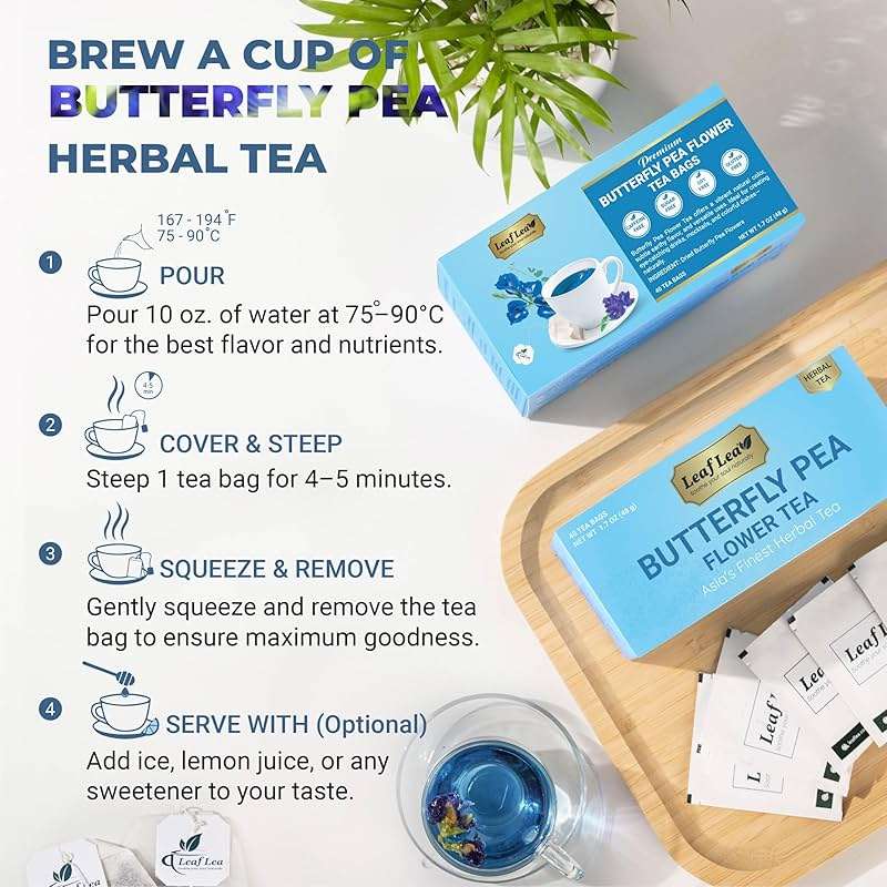 LeafLea 40 Butterfly Pea Flower Tea Bags, Herbal Flower Tea for Relaxation, Mocktails, and Natural Food Coloring, Caffeine-Free, Sugar-Free, Non-GMO - Image 9