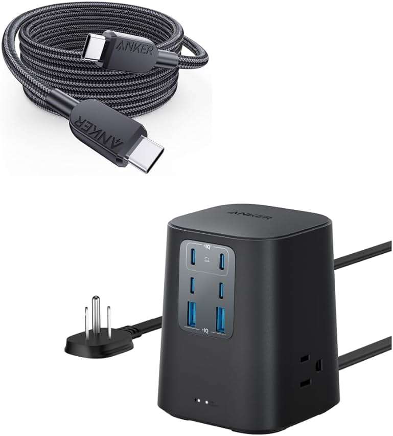 Anker 240W USB C to USB C Cable (2Pack,6ft), USB C Charger Cable Fast Charge Charging Station (100W), 9-in-1 USB C Power Strip with 300J Surge Protection - Image 1